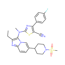 CCc1nc2ccc(C3CCN(S(C)(=O)=O)CC3)cn2c1N(C)c1nc(-c2ccc(F)cc2)c(C#N)s1 ZINC000217907038