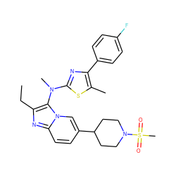 CCc1nc2ccc(C3CCN(S(C)(=O)=O)CC3)cn2c1N(C)c1nc(-c2ccc(F)cc2)c(C)s1 ZINC000221207667