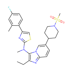 CCc1nc2ccc(C3CCN(S(C)(=O)=O)CC3)cn2c1N(C)c1nc(-c2ccc(F)cc2C)cs1 ZINC000224285294