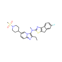 CCc1nc2ccc(C3CCN(S(C)(=O)=O)CC3)cn2c1N(C)c1nc2c(s1)Cc1cc(F)ccc1-2 ZINC001772589573