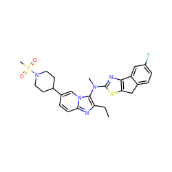 CCc1nc2ccc(C3CCN(S(C)(=O)=O)CC3)cn2c1N(C)c1nc2c(s1)Cc1ccc(F)cc1-2 ZINC001772606779