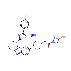 CCc1nc2ccc(N3CCN(CC(=O)N4CC(O)C4)CC3)cn2c1N(C)c1nc(-c2ccc(F)cc2)c(C#N)s1 ZINC000217803609