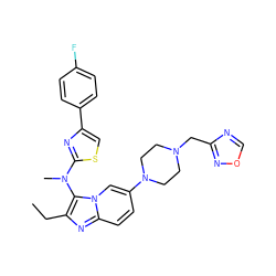 CCc1nc2ccc(N3CCN(Cc4ncon4)CC3)cn2c1N(C)c1nc(-c2ccc(F)cc2)cs1 ZINC000224393022