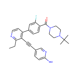 CCc1nccc(-c2ccc(C(=O)N3CCN(C(C)(C)C)CC3)c(F)c2)c1C#Cc1ccc(N)nc1 ZINC000202386135
