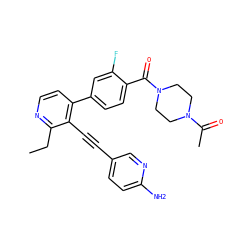 CCc1nccc(-c2ccc(C(=O)N3CCN(C(C)=O)CC3)c(F)c2)c1C#Cc1ccc(N)nc1 ZINC000114416072