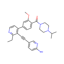 CCc1nccc(-c2ccc(C(=O)N3CCN(C(C)C)CC3)c(OC)c2)c1C#Cc1ccc(N)nc1 ZINC000202383984