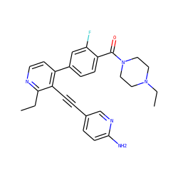 CCc1nccc(-c2ccc(C(=O)N3CCN(CC)CC3)c(F)c2)c1C#Cc1ccc(N)nc1 ZINC000114411743
