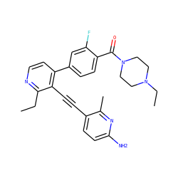 CCc1nccc(-c2ccc(C(=O)N3CCN(CC)CC3)c(F)c2)c1C#Cc1ccc(N)nc1C ZINC000202385732