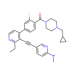 CCc1nccc(-c2ccc(C(=O)N3CCN(CC4CC4)CC3)c(F)c2)c1C#Cc1ccc(NC)nc1 ZINC000205581305