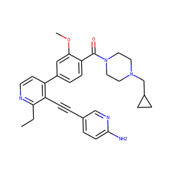 CCc1nccc(-c2ccc(C(=O)N3CCN(CC4CC4)CC3)c(OC)c2)c1C#Cc1ccc(N)nc1 ZINC000202384019