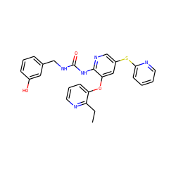 CCc1ncccc1Oc1cc(Sc2ccccn2)cnc1NC(=O)NCc1cccc(O)c1 ZINC000299828517