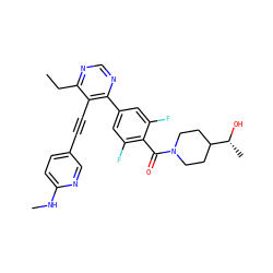 CCc1ncnc(-c2cc(F)c(C(=O)N3CCC([C@@H](C)O)CC3)c(F)c2)c1C#Cc1ccc(NC)nc1 ZINC000167426791