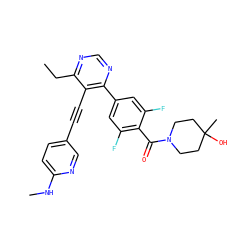 CCc1ncnc(-c2cc(F)c(C(=O)N3CCC(C)(O)CC3)c(F)c2)c1C#Cc1ccc(NC)nc1 ZINC000167428945