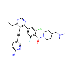 CCc1ncnc(-c2cc(F)c(C(=O)N3CCC(CN(C)C)CC3)c(Cl)c2)c1C#Cc1ccc(N)nc1 ZINC000167457490