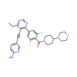 CCc1ncnc(-c2cc(F)c(C(=O)N3CCC(N4CCOCC4)CC3)c(F)c2)c1C#Cc1ccc(N)nc1 ZINC000072317176