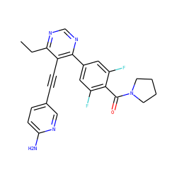 CCc1ncnc(-c2cc(F)c(C(=O)N3CCCC3)c(F)c2)c1C#Cc1ccc(N)nc1 ZINC000148283927