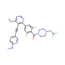 CCc1ncnc(-c2cc(F)c(C(=O)N3CCN(CC(F)F)CC3)c(F)c2)c1C#Cc1ccc(NC)nc1 ZINC000167429637