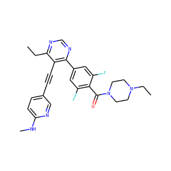CCc1ncnc(-c2cc(F)c(C(=O)N3CCN(CC)CC3)c(F)c2)c1C#Cc1ccc(NC)nc1 ZINC000148892184