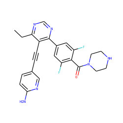 CCc1ncnc(-c2cc(F)c(C(=O)N3CCNCC3)c(F)c2)c1C#Cc1ccc(N)nc1 ZINC000148351339