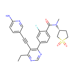 CCc1ncnc(-c2ccc(C(=O)N(C)[C@@H]3CCS(=O)(=O)C3)c(F)c2)c1C#Cc1ccc(N)nc1 ZINC000148623098