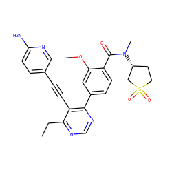 CCc1ncnc(-c2ccc(C(=O)N(C)[C@@H]3CCS(=O)(=O)C3)c(OC)c2)c1C#Cc1ccc(N)nc1 ZINC000148714275