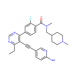 CCc1ncnc(-c2ccc(C(=O)N(C)CC3CCN(C)CC3)c(F)c2)c1C#Cc1ccc(N)nc1 ZINC000148867386