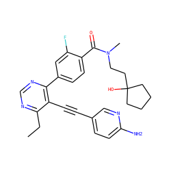 CCc1ncnc(-c2ccc(C(=O)N(C)CCC3(O)CCCC3)c(F)c2)c1C#Cc1ccc(N)nc1 ZINC000148576360