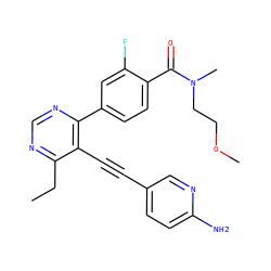 CCc1ncnc(-c2ccc(C(=O)N(C)CCOC)c(F)c2)c1C#Cc1ccc(N)nc1 ZINC000148748854