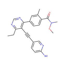 CCc1ncnc(-c2ccc(C(=O)N(C)OC)c(C)c2)c1C#Cc1ccc(N)nc1 ZINC000167393774