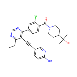 CCc1ncnc(-c2ccc(C(=O)N3CCC(C(C)(C)O)CC3)c(Cl)c2)c1C#Cc1ccc(N)nc1 ZINC000148611190