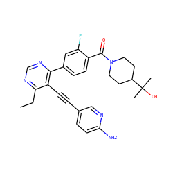 CCc1ncnc(-c2ccc(C(=O)N3CCC(C(C)(C)O)CC3)c(F)c2)c1C#Cc1ccc(N)nc1 ZINC000148666719