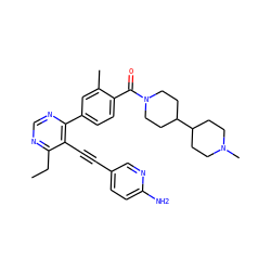 CCc1ncnc(-c2ccc(C(=O)N3CCC(C4CCN(C)CC4)CC3)c(C)c2)c1C#Cc1ccc(N)nc1 ZINC000167400714
