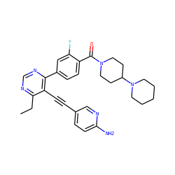 CCc1ncnc(-c2ccc(C(=O)N3CCC(N4CCCCC4)CC3)c(F)c2)c1C#Cc1ccc(N)nc1 ZINC000148662318