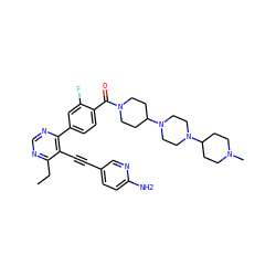 CCc1ncnc(-c2ccc(C(=O)N3CCC(N4CCN(C5CCN(C)CC5)CC4)CC3)c(F)c2)c1C#Cc1ccc(N)nc1 ZINC000167324553