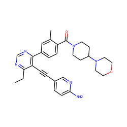 CCc1ncnc(-c2ccc(C(=O)N3CCC(N4CCOCC4)CC3)c(C)c2)c1C#Cc1ccc(N)nc1 ZINC000148527850