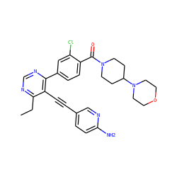 CCc1ncnc(-c2ccc(C(=O)N3CCC(N4CCOCC4)CC3)c(Cl)c2)c1C#Cc1ccc(N)nc1 ZINC000167382981