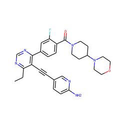 CCc1ncnc(-c2ccc(C(=O)N3CCC(N4CCOCC4)CC3)c(F)c2)c1C#Cc1ccc(N)nc1 ZINC000148636917