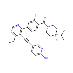 CCc1ncnc(-c2ccc(C(=O)N3CCC(O)(C(C)C)CC3)c(F)c2)c1C#Cc1ccc(N)nc1 ZINC000148683295