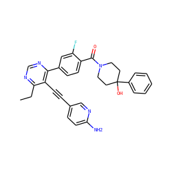 CCc1ncnc(-c2ccc(C(=O)N3CCC(O)(c4ccccc4)CC3)c(F)c2)c1C#Cc1ccc(N)nc1 ZINC000148877484