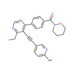 CCc1ncnc(-c2ccc(C(=O)N3CCCCO3)cc2)c1C#Cc1ccc(N)nc1 ZINC000148678628