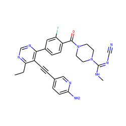 CCc1ncnc(-c2ccc(C(=O)N3CCN(/C(=N\C#N)NC)CC3)c(F)c2)c1C#Cc1ccc(N)nc1 ZINC000167339814