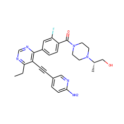 CCc1ncnc(-c2ccc(C(=O)N3CCN([C@@H](C)CO)CC3)c(F)c2)c1C#Cc1ccc(N)nc1 ZINC000148346923
