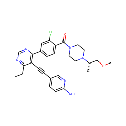 CCc1ncnc(-c2ccc(C(=O)N3CCN([C@@H](C)COC)CC3)c(Cl)c2)c1C#Cc1ccc(N)nc1 ZINC000148902061