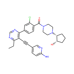 CCc1ncnc(-c2ccc(C(=O)N3CCN([C@@H]4CCC[C@@H]4O)CC3)c(Cl)c2)c1C#Cc1ccc(N)nc1 ZINC000167467078