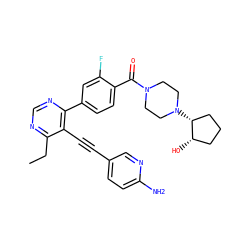 CCc1ncnc(-c2ccc(C(=O)N3CCN([C@@H]4CCC[C@@H]4O)CC3)c(F)c2)c1C#Cc1ccc(N)nc1 ZINC000167460243