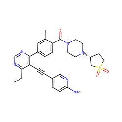 CCc1ncnc(-c2ccc(C(=O)N3CCN([C@@H]4CCS(=O)(=O)C4)CC3)c(C)c2)c1C#Cc1ccc(N)nc1 ZINC000167392653