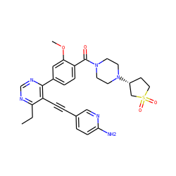 CCc1ncnc(-c2ccc(C(=O)N3CCN([C@@H]4CCS(=O)(=O)C4)CC3)c(OC)c2)c1C#Cc1ccc(N)nc1 ZINC000167349142