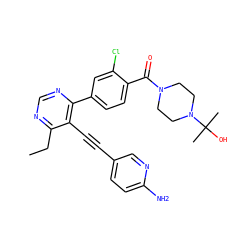 CCc1ncnc(-c2ccc(C(=O)N3CCN(C(C)(C)O)CC3)c(Cl)c2)c1C#Cc1ccc(N)nc1 ZINC000167343529