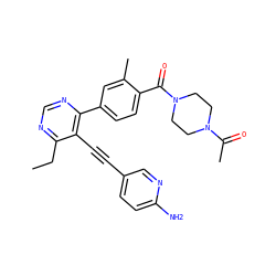 CCc1ncnc(-c2ccc(C(=O)N3CCN(C(C)=O)CC3)c(C)c2)c1C#Cc1ccc(N)nc1 ZINC000167395419