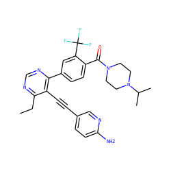 CCc1ncnc(-c2ccc(C(=O)N3CCN(C(C)C)CC3)c(C(F)(F)F)c2)c1C#Cc1ccc(N)nc1 ZINC000167436563